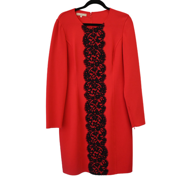 Michael Kors Shirt Dress Size 14 Red Black Lace Detail Long Sleeve Virgin Wool - Picture 1 of 12